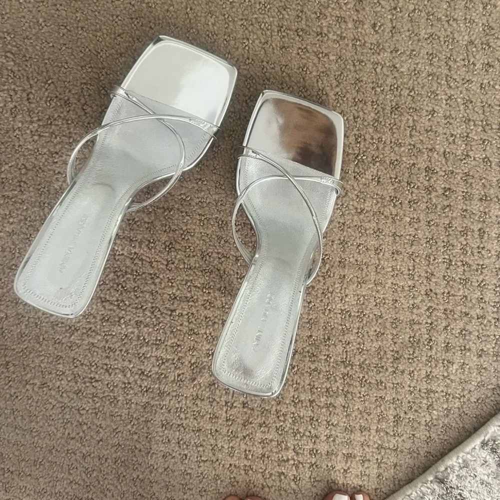 ✨ NEW! Authentic! Amina Muaddi Silver Strappy Heels – Size 38.5 ✨ Mules